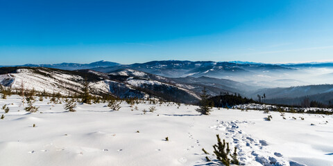View from Magurka Wislanska hill in winter Beskid Slaski mountains in Poland