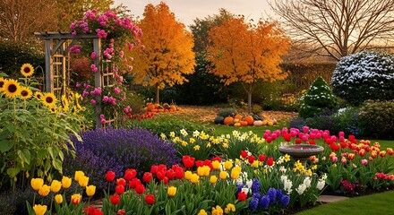 Lush floral display, autumn colors, and pumpkins in decorative garden