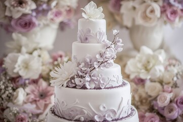 Fototapeta premium The white tiered cake adorned with purple sugar shells and soil accents. Close-up selective focus.