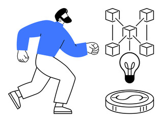 Person moving toward interconnected cubes, lightbulb, and coin symbolizing blockchain, creativity, and financial goals. Ideal for innovation, finance, teamwork, technology growth blockchain simple