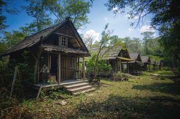 Rustic wooden cabins at the mangrove eco-tourism site provide picturesque views of the surrounding mangrove trees, though some cabins are dilapidated and abandoned.