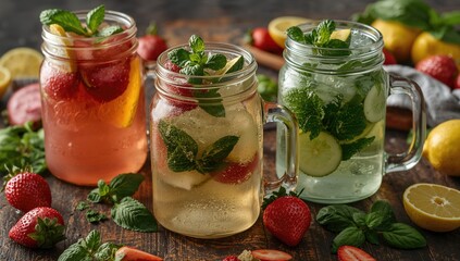 Trio of vintage glass containers filled with lemonade flavored with berries, cucumber, and mint on a rustic wooden surface