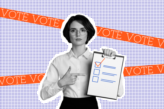 Creative collage picture young businesswoman paperholder task done vote poll election president authority choice drawing background - Powered by Adobe