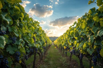 Numerous vineyards stretch under the bright sunlight and clear sky.