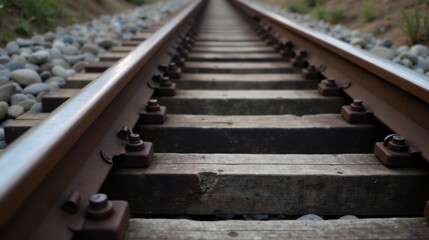 Fototapeta premium A Close-Up View of Rusty Railroad Tracks Extending into the Distance, Showing the Weathered Wooden Sleepers and Metal Fasteners