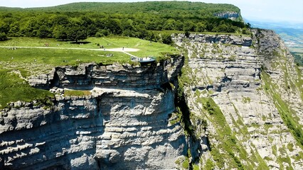 Aerial view with zoom out over cliffs of the Nervion River Canyon, in the north of the Spanish province of Burgos.