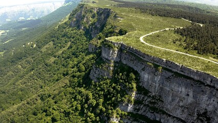 Aerial view with zoom out over cliffs of the Nervion River Canyon, in the north of the Spanish province of Burgos.