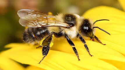 Macro shot of honey bee collecting pollen from yellow flower petals