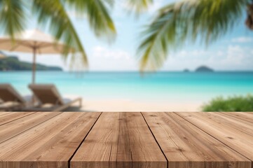 Wooden surface with a softly blurred backdrop, summer vacation theme - ideal for showcasing or overlaying your items