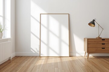 Fototapeta premium Bedroom with wooden floors featuring a mid-century style interior and an empty frame resting against the wall for artwork or print presentations.