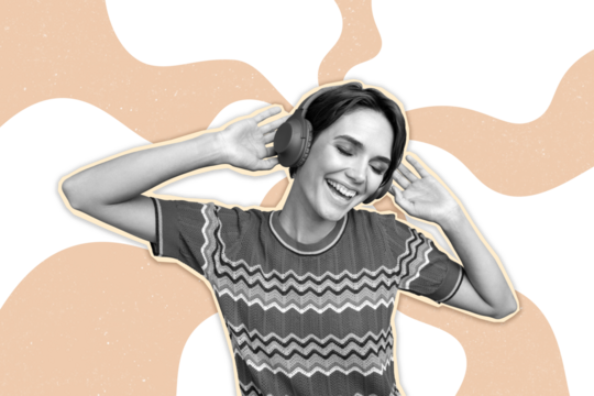 Creative collage picture young cheerful girl listen music headphones meloman playlist album entertainment drawing background - Powered by Adobe