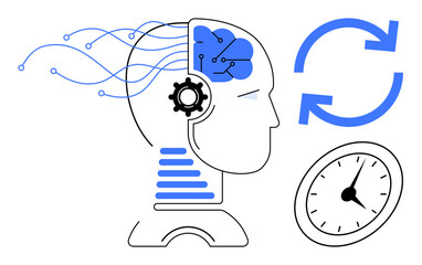 Human head with brain, flowing technological connections, gear, clock, and circular arrows. Ideal for AI, automation, machine learning, innovation productivity time management workflow