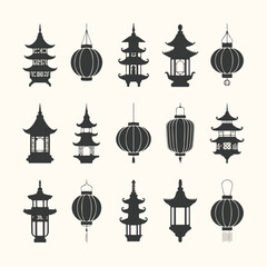 Vector art of collection of traditional chinese lanterns and pagodas in silhouette, isolated on a light cream background, representing asian culture and architecture