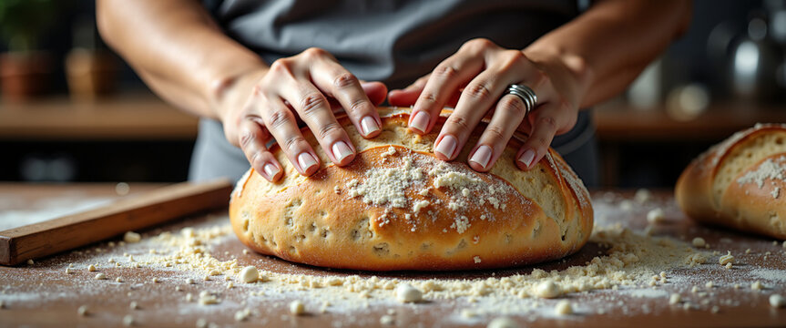 Hands kneading fresh bread dough on wooden kitchen table