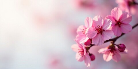 Obraz premium Delicate Pink Blossoms on a Branch, Illuminated by Soft Sunlight, Creating a Serene and Peaceful Springtime Scene