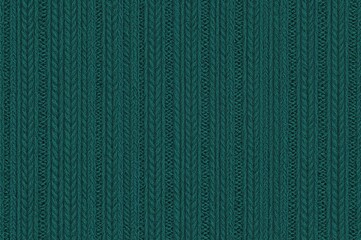 Fototapeta premium Continuous knitted textile featuring geometric cable motifs. Cotton and wool blend fabric sample in teal. Rustic winter material pattern.