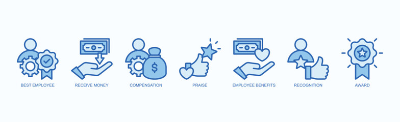 Employee Rewards Icon Set Isolated Vector With Icon Of Best Employee, Receive Money, Compensation, Praise, Employee Benefits, Recognition, Award In Blue Style
