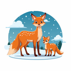 Obraz premium Das Rehkitz und das Fuchsbaby stehen nebeneinander auf einem verschneiten Feld.