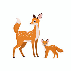 Obraz premium Das Rehkitz und das Fuchsbaby stehen nebeneinander auf einem verschneiten Feld.