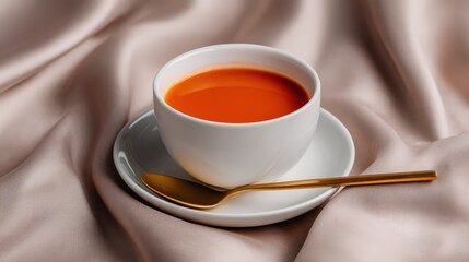 A simple white cup holds a vibrant orange beverage on a smooth, pale surface, accompanied by a golden spoon, creating an elegant and inviting setting.