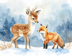 Das Rehkitz und das Fuchsbaby stehen nebeneinander auf einem verschneiten Feld