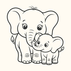 Obraz premium Vector art of cute cartoon illustration of a mother elephant and her baby elephant, black and white line art, isolated on a light cream background, perfect for childrens books and designs