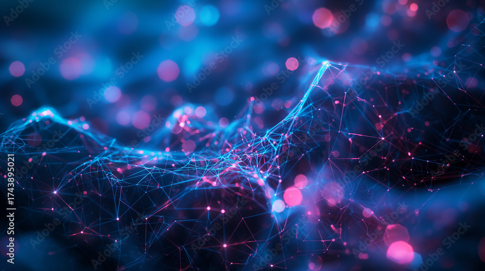 Wall mural abstract digital design with glowing blue fractal stars and futuristic light lines on a black backgr
