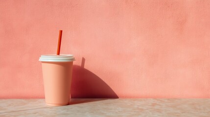 A minimalistic image featuring a peach-colored drink cup with a red straw set against a textured pink wall.