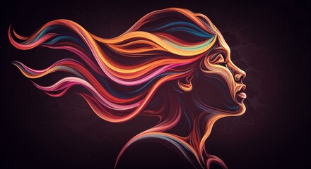 Colorful abstract profile of a woman with flowing hair on dark background  
