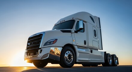 Semi-truck parked on a road with sunrise in the background, concept for transportation, logistics and freight industry