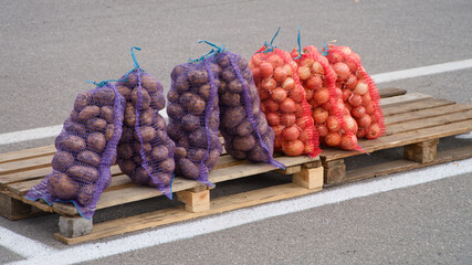 Wooden pallets lined with purple and red mesh sacks of potatoes and onions; farm harvest sorted for storage and sale at a produce depot or fair. Photo
