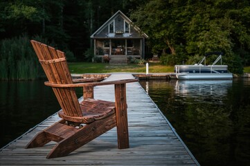 Wooden seat positioned on a dock by the water