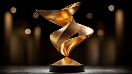 An elegant golden award trophy with sleek flowing ribbon design sits on a black base,