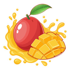Fresh Mango with Juice Splash and Leaf Cartoon Design