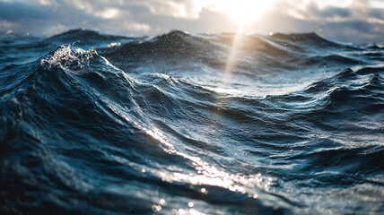 Close-up view of shimmering ocean waves at sunset. Sun rays of breathtaking beauty play on the wavy surface of the ocean. Natural background. Sea or ocean waves in windy weather. Water surface