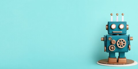 whimsical blue robot with gears stands on a white base against a light teal background, evoking a playful and creative atmosphere.
