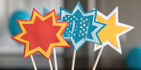 Fototapeta premium Colorful star-shaped decorations on sticks, perfect for celebrating events or parties, adding a festive touch to any occasion.