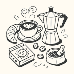 Vector art of handdrawn illustration of a coffee break with a moka pot, a cup of coffee with latte art, a croissant, coffee beans, and a box of coffee, isolated on a light background