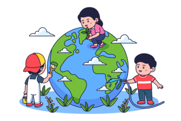 Earth Day Cartoon Illustration of Children Caring for Globe with Plants Flowers in Transparent Background