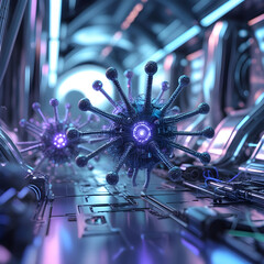 Futuristic nano-bacteria crafted from metal and circuits.