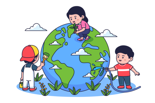Earth Day Cartoon Illustration of Children Caring for Globe with Plants Flowers in Transparent Background
