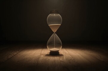 Hourglass placed on wooden surface with a dark backdrop illuminated by a focused light