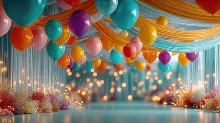 A joyful explosion of multicolored helium balloons floating against a backdrop of crumpled metallic banners, dreamy bokeh lights in the background