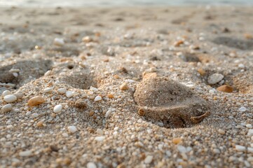 Close-up of sand and pebbles on a sunny shore with empty space