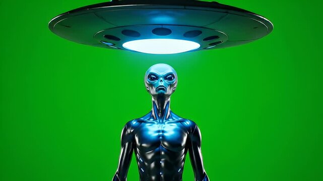 A dramatic render of an alien figure under a UFO on greenscreen. Visualizing potential alien kidnapping, greenscreen kidnapping, and even zombie kidnapping scenarios for sci-fi or conceptual projects