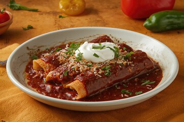Enjoy traditional Mexican taste with delicious Enchiladas covered in rich sour cream.
