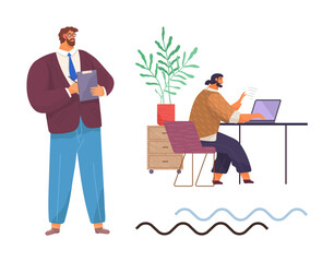 Manager overseeing while employee works at desk with laptop, plant, and drawer unit. Ideal for teamwork, leadership, office culture, productivity, collaboration supervision modern workplace. Simple