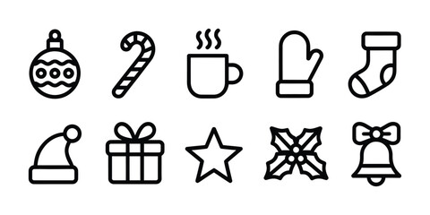 Christmas holiday line icon collection with festive elements in simple outline style