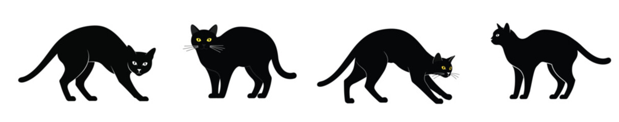 Four black cat silhouettes in different poses on a white background.