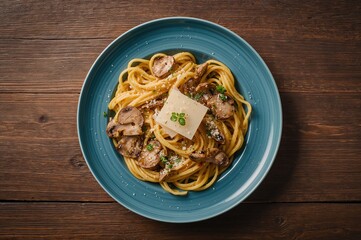Traditional pasta served with forest mushrooms and creamy parmesan sauce on a rustic wooden table in a blue dish. Overhead shot with ample copy space.